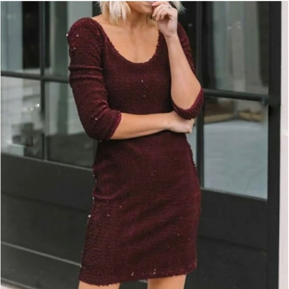 Bb‎ Dakota boysenberry womens mini dress sz small 3/4 sleeve scoop neck sequins